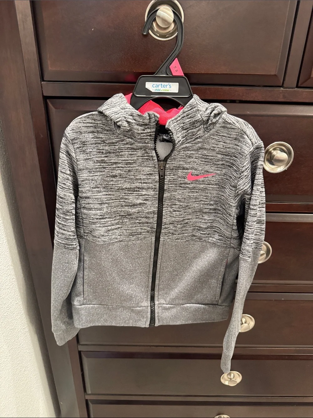 Nike Kids Heather Gray Zip Hoodie with Pink Swoosh